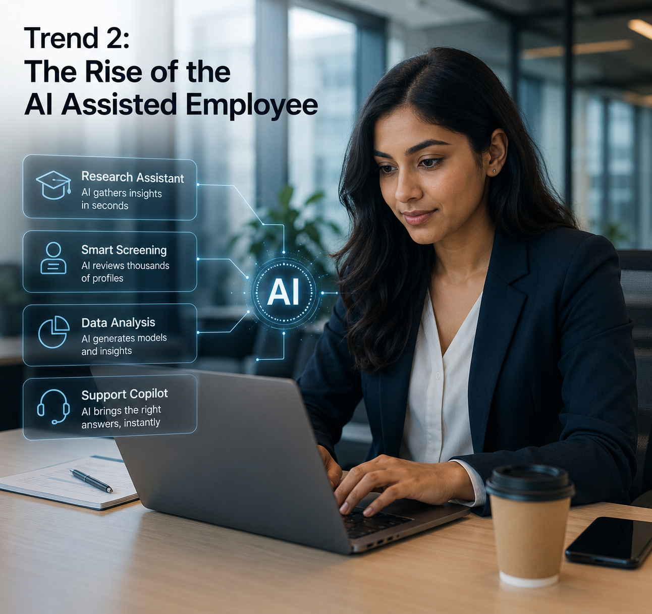 Employee using AI assistant software to improve productivity, automate tasks, and support daily work operations