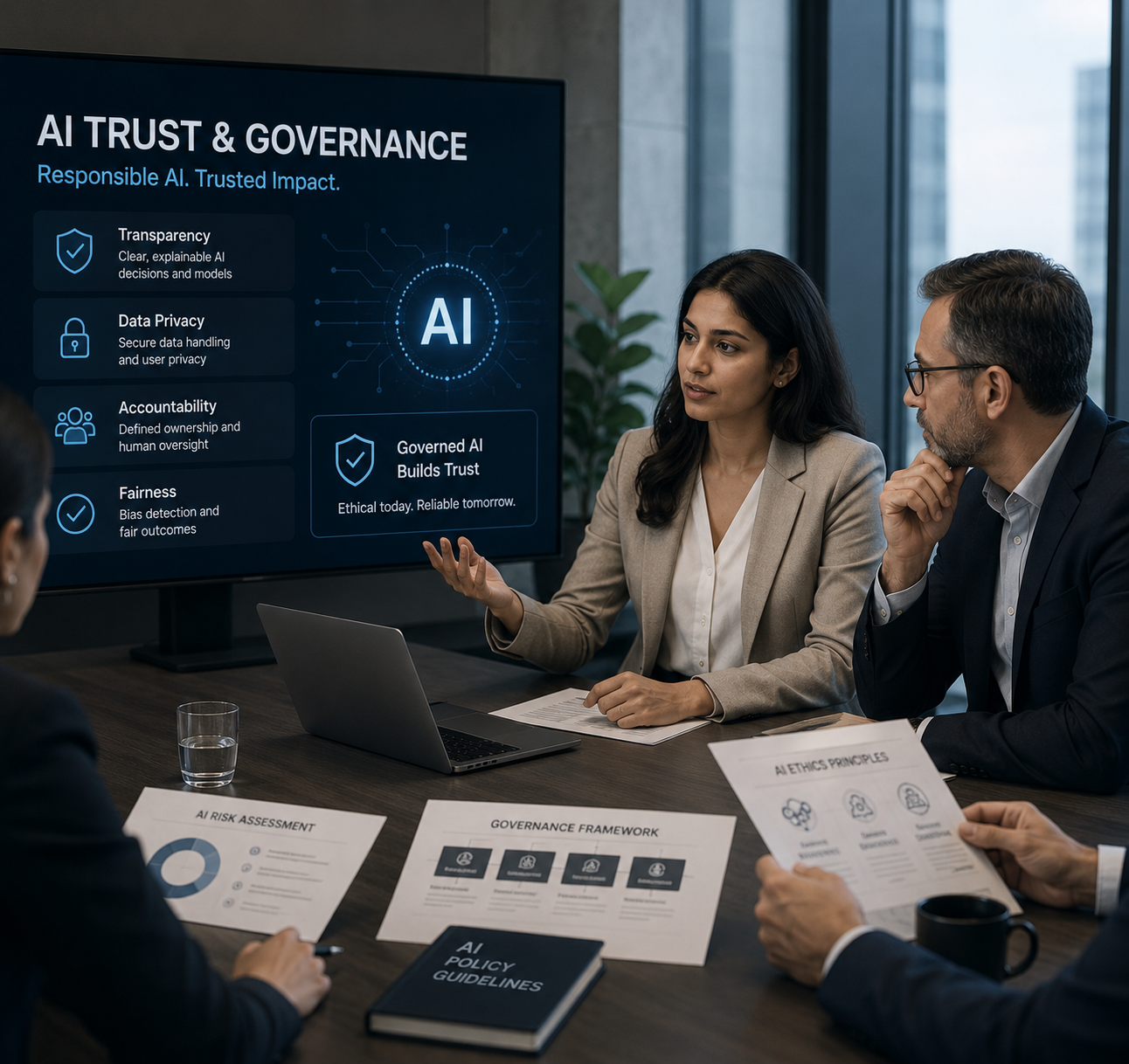 AI governance and responsible AI framework illustrating data privacy, compliance, transparency, and ethical AI practices